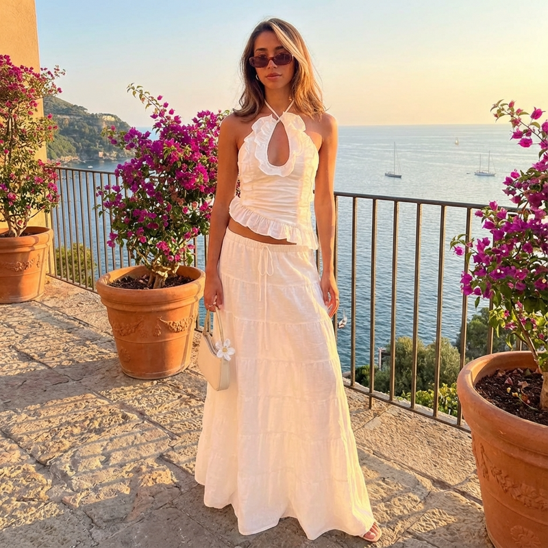 Conjunto de falda de dos piezas para mujer Elara | Cuello halter, Con volantes