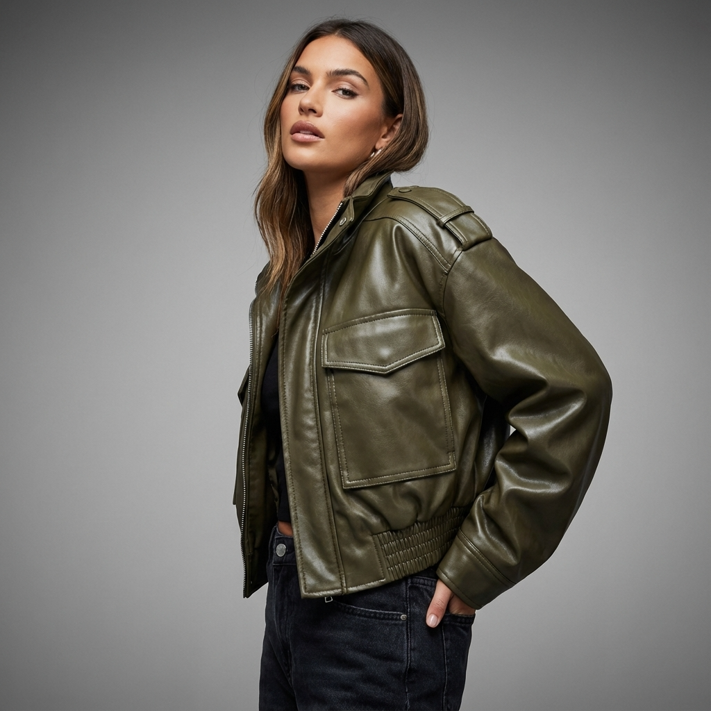 Heath Amara Women’s Faux Leather Jacket | Stand Collar, Utility Pockets