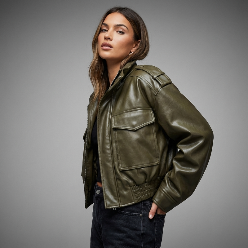Heath Amara Women’s Faux Leather Jacket | Stand Collar, Utility Pockets