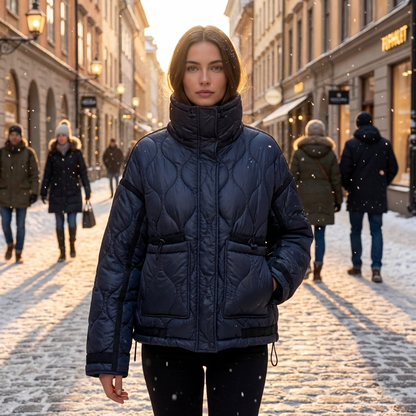 Chaqueta Acolchada con Cuello Alto para Mujeres Aria | Cierre Frontal con Cremallera, Bolsillos de Parche