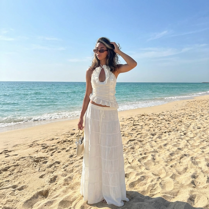 Conjunto de falda de dos piezas para mujer Elara | Cuello halter, Con volantes