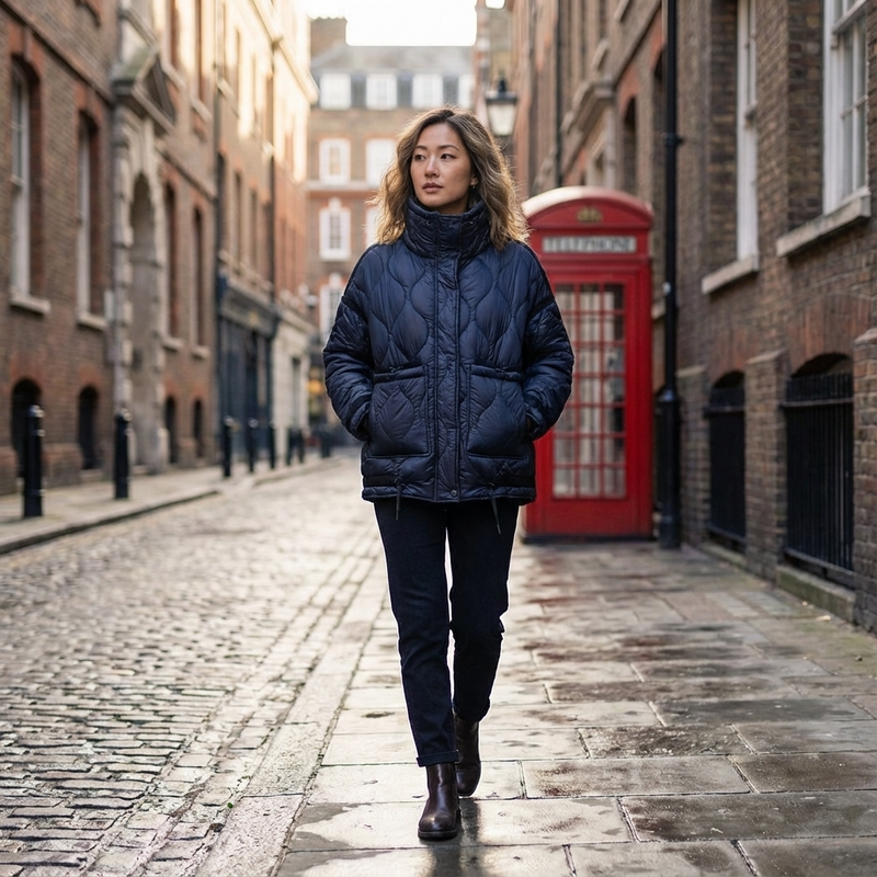 Chaqueta Acolchada con Cuello Alto para Mujeres Aria | Cierre Frontal con Cremallera, Bolsillos de Parche