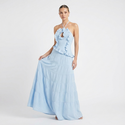 Conjunto de falda de dos piezas para mujer Elara | Cuello halter, Con volantes