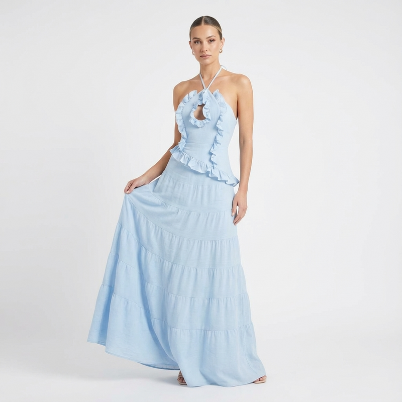 Conjunto de falda de dos piezas para mujer Elara | Cuello halter, Con volantes