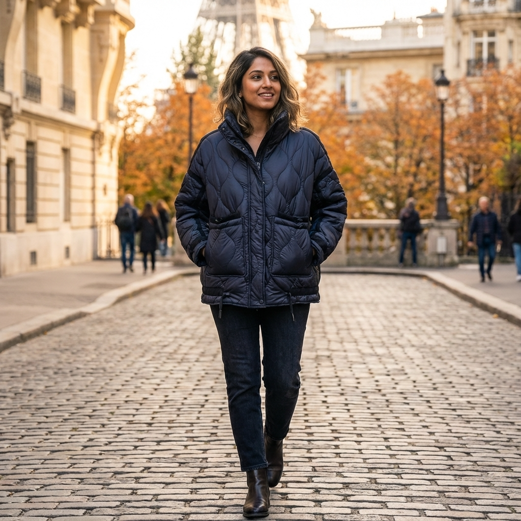 Chaqueta Acolchada con Cuello Alto para Mujeres Aria | Cierre Frontal con Cremallera, Bolsillos de Parche