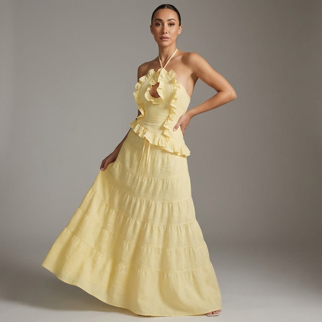 Conjunto de falda de dos piezas para mujer Elara | Cuello halter, Con volantes