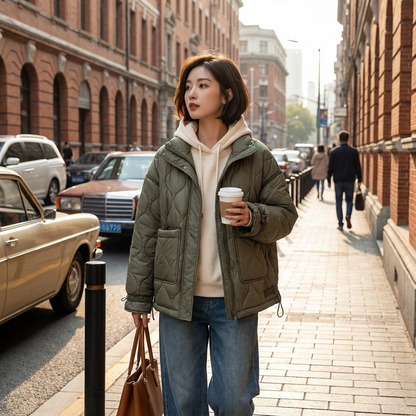 Chaqueta Acolchada con Cuello Alto para Mujeres Aria | Cierre Frontal con Cremallera, Bolsillos de Parche