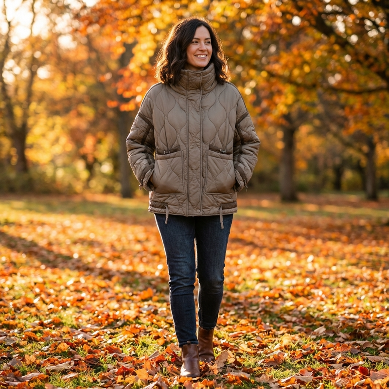 Chaqueta Acolchada con Cuello Alto para Mujeres Aria | Cierre Frontal con Cremallera, Bolsillos de Parche