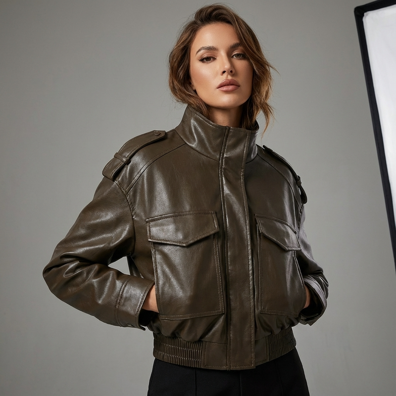 Heath Amara Women’s Faux Leather Jacket | Stand Collar, Utility Pockets