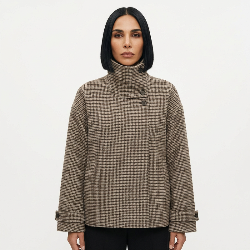 Abrigo Trench a Cuadros para Mujer Tina | Poliéster, Doble Botonadura, Cuello Alto