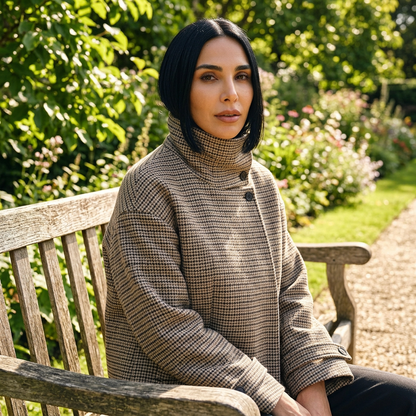 Abrigo Trench a Cuadros para Mujer Tina | Poliéster, Doble Botonadura, Cuello Alto