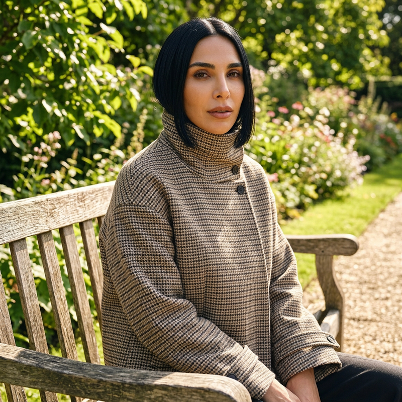 Abrigo Trench a Cuadros para Mujer Tina | Poliéster, Doble Botonadura, Cuello Alto