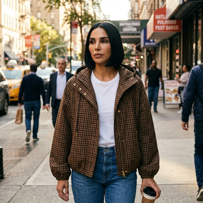 Abrigo Trench a Cuadros para Mujer Tina | Poliéster, Doble Botonadura, Cuello Alto