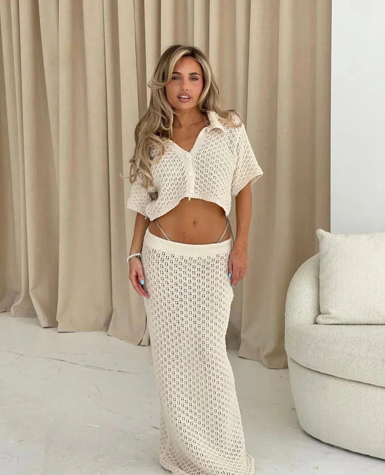 Tallulah Women's Crochet Two-piece Set - fabric and finish detail