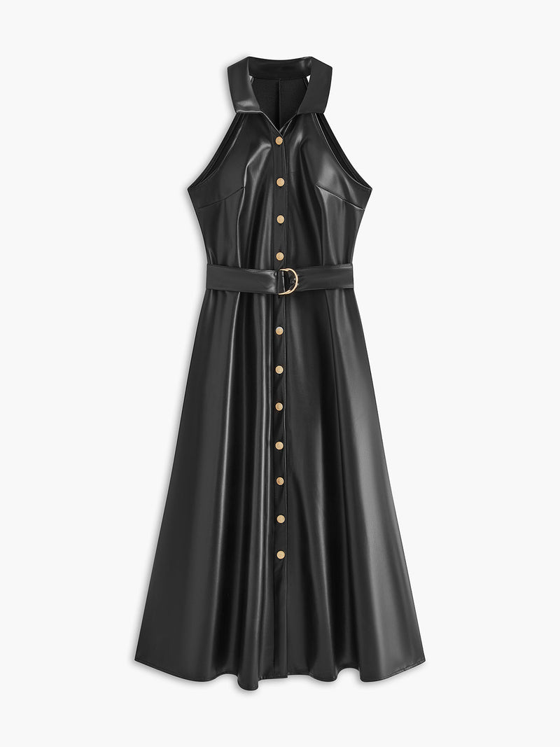 Nadia Women's Dress | Belted, Faux Leather, Sleeveless