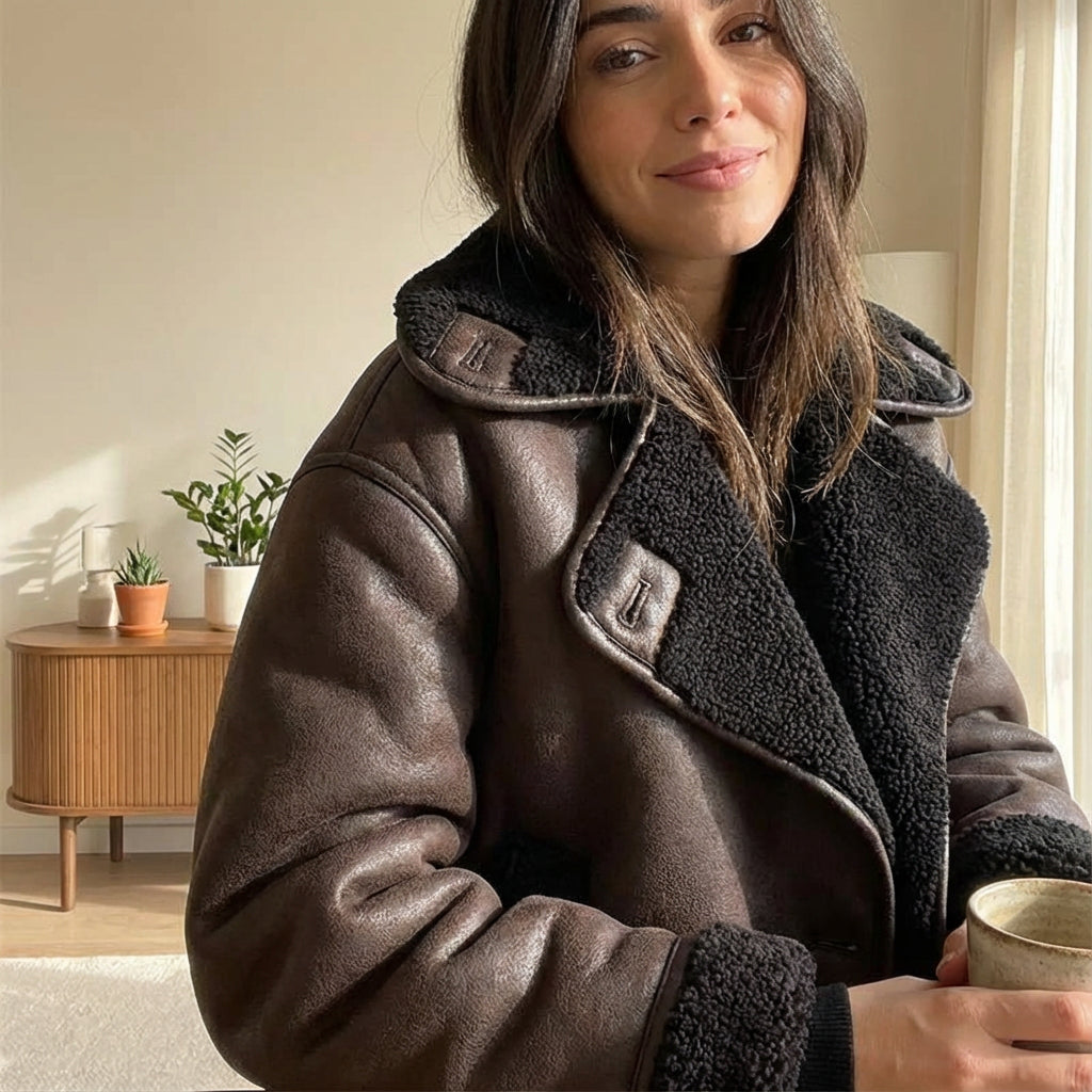 Chaqueta Aviador para Mujeres Harlow | Forro de Piel Sintética Desgastada, Cuello de Sherpa