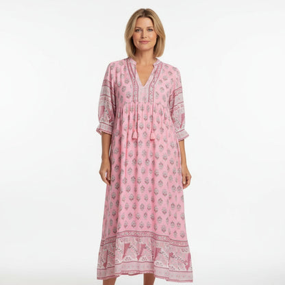 Robe maxi pour femmes Nona | Col en V, coupe trapèze, mélange léger coton-polyester