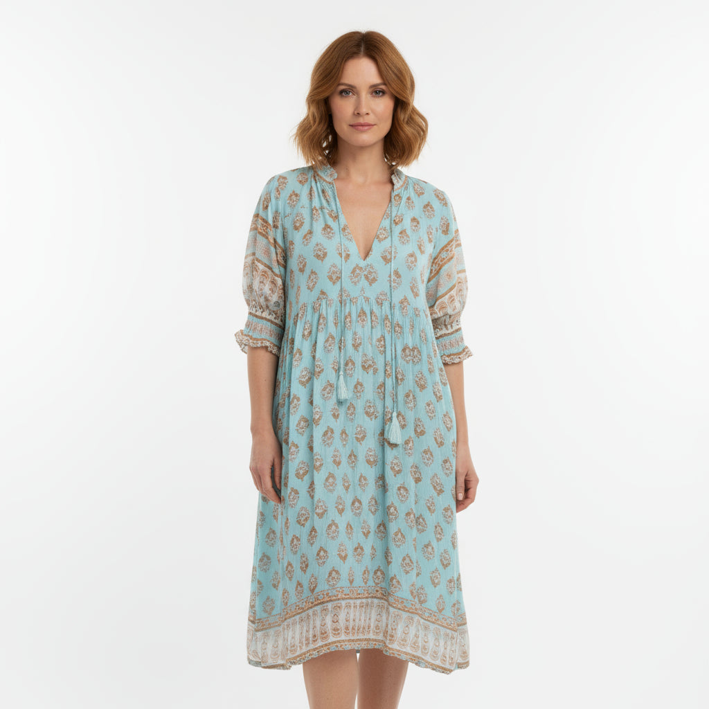 Robe maxi pour femmes Nona | Col en V, coupe trapèze, mélange léger coton-polyester