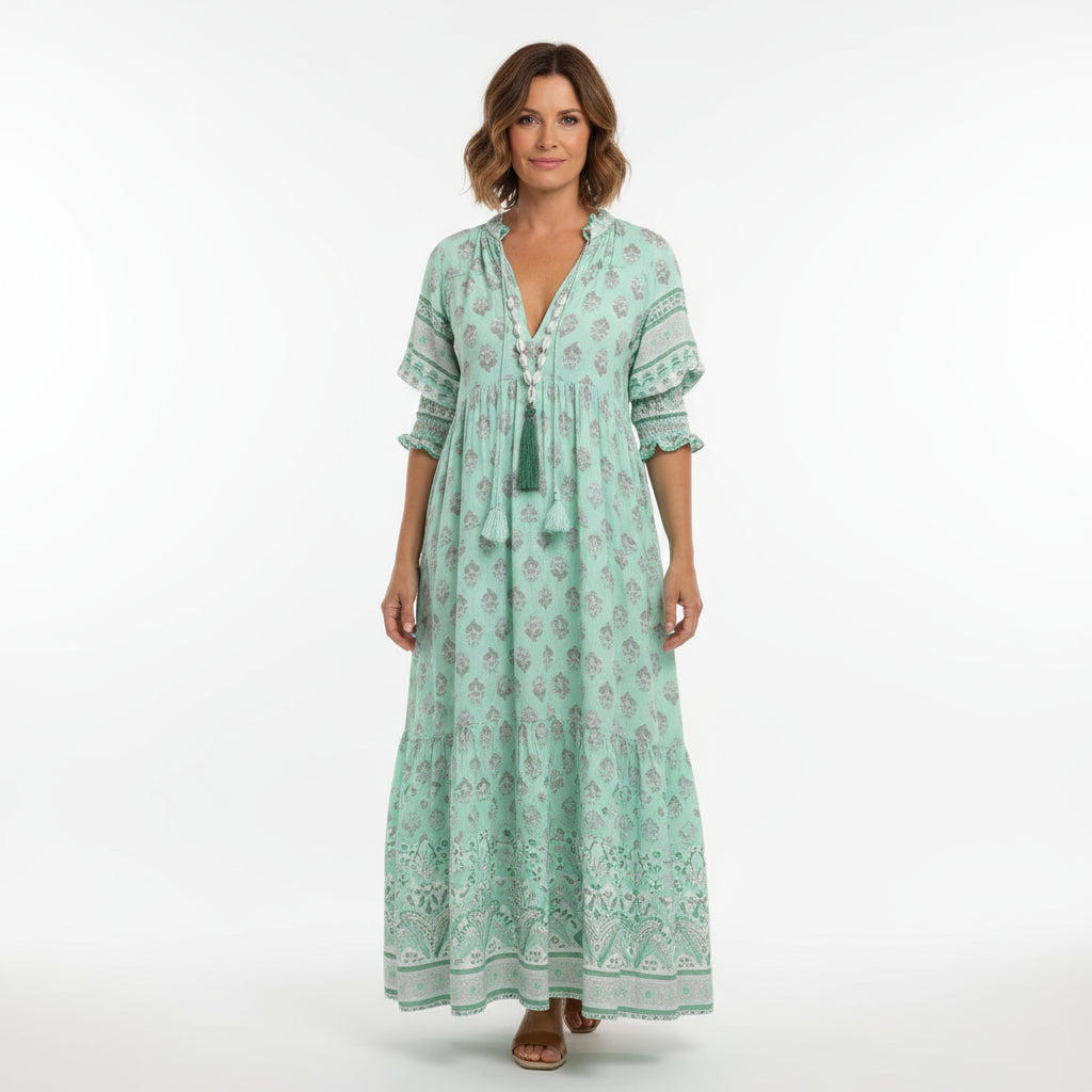 Robe maxi pour femmes Nona | Col en V, coupe trapèze, mélange léger coton-polyester
