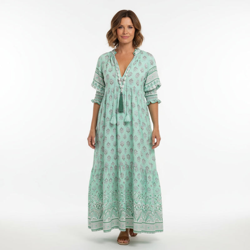 Robe maxi pour femmes Nona | Col en V, coupe trapèze, mélange léger coton-polyester