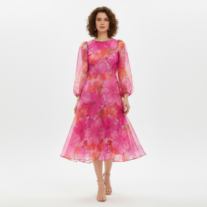 Robe midi pour femmes Grace | Imprimé floral, manches bouffantes transparentes
