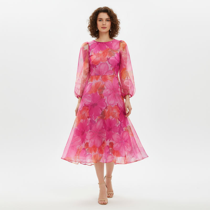 Robe midi pour femmes Grace | Imprimé floral, manches bouffantes transparentes