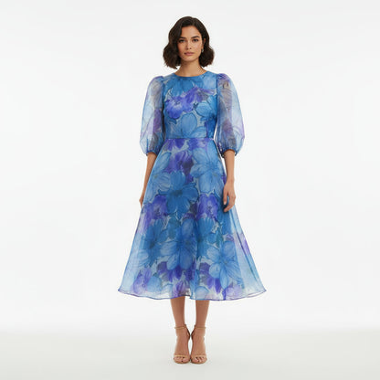 Robe midi pour femmes Grace | Imprimé floral, manches bouffantes transparentes