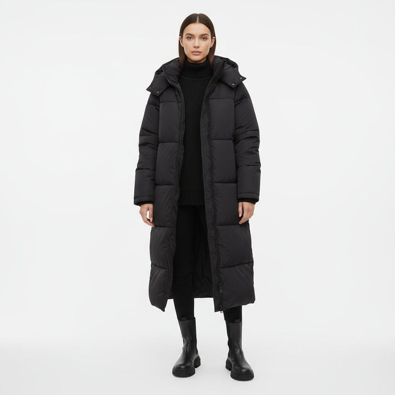 Doudoune Longue Femme Lara | Panneaux Matelassés, Capuche Fixe