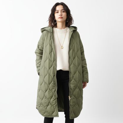 Abrigo Largo de Plumas para Mujeres Quinn | Acolchado, Diseño con Capucha para Calidez en Invierno