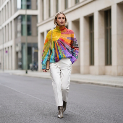 Suéter de cuello alto para mujer Zerelle | Estampado de Parches Multicolor, Corte Relajado