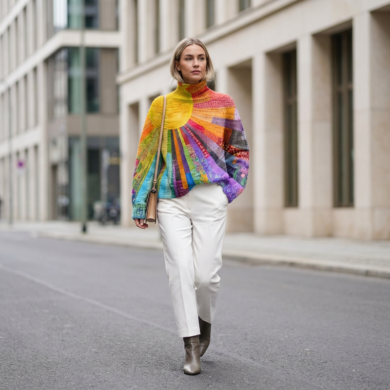 Suéter de cuello alto para mujer Zerelle | Estampado de Parches Multicolor, Corte Relajado