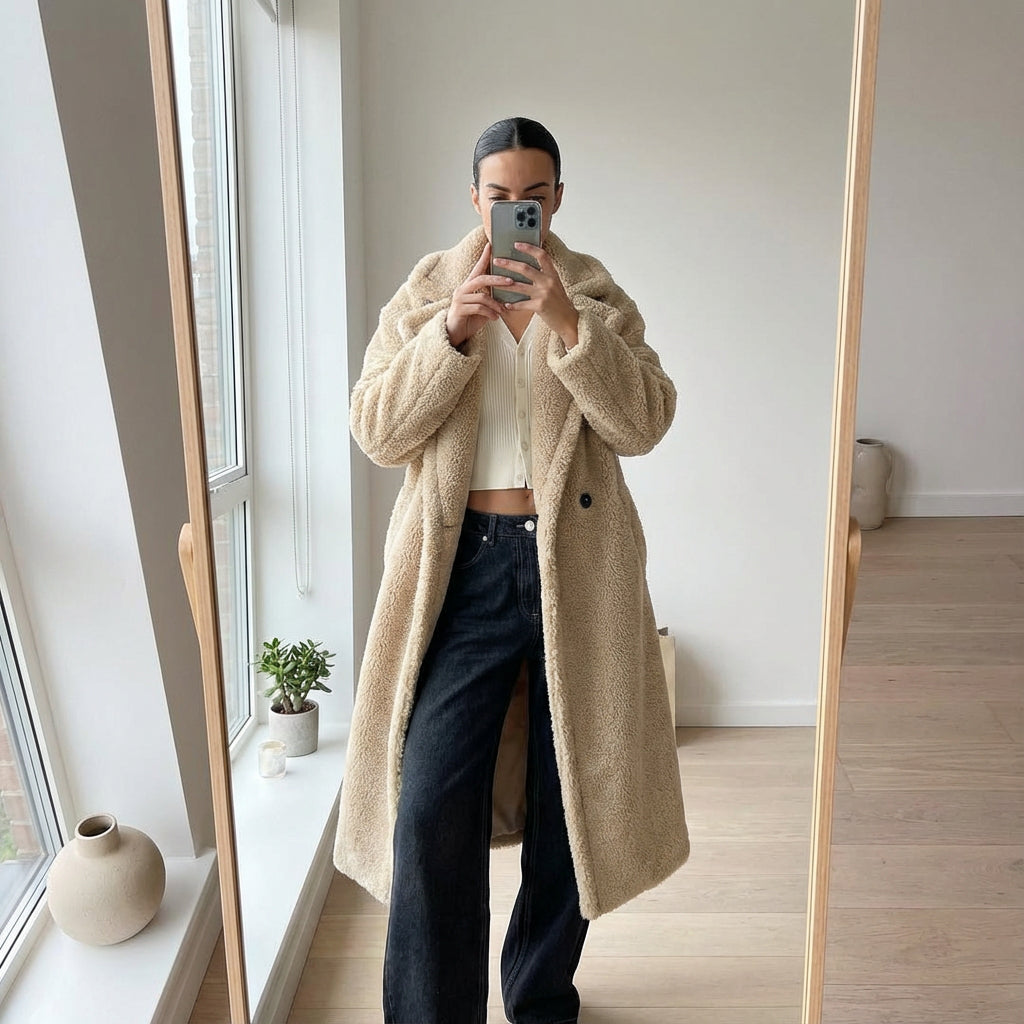 Manteau d'Hiver Femme Tara | Fourrure Teddy Oversize, Design Doublé-Croisé Confortable