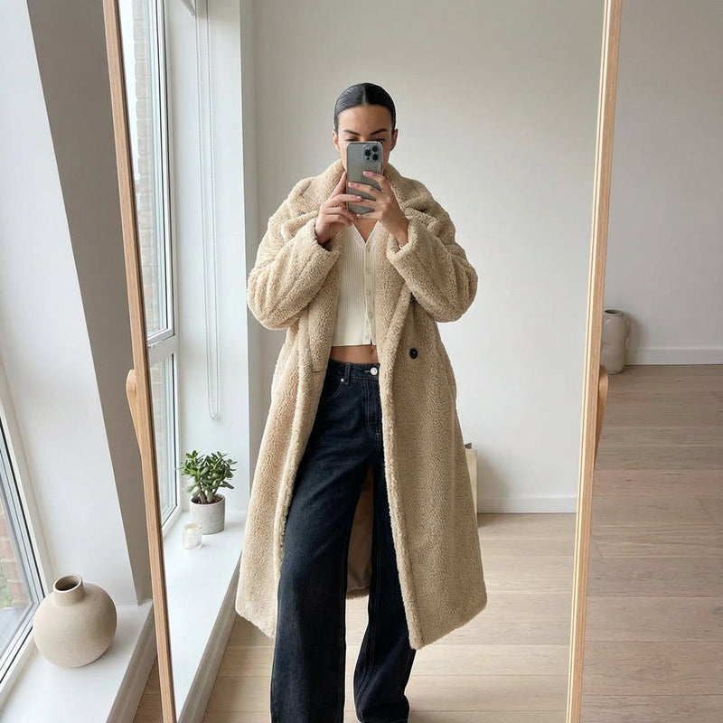 Manteau d'Hiver Femme Tara | Fourrure Teddy Oversize, Design Doublé-Croisé Confortable