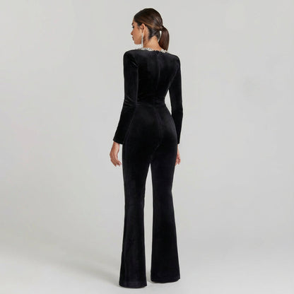 Combinaison pour femme Elara | Velours noir, encolure florale en cristal