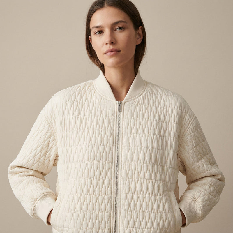 Demi Women's Quilted Bomber Jacket | Diamond Quilt Pattern, Ribbed Collar Cuffs