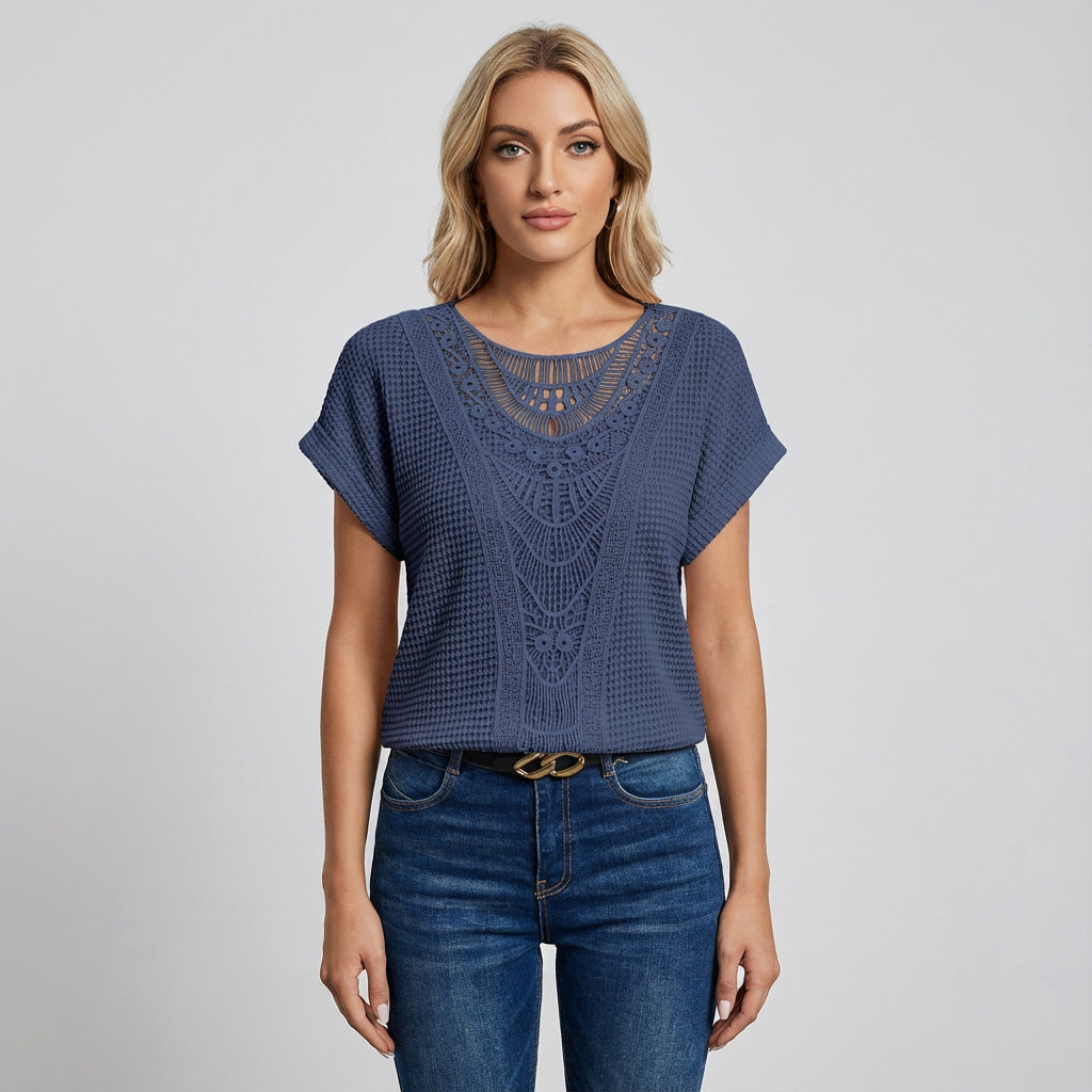 Top de Encaje para Mujer Ella | Panel Frontal de Encaje, Mangas Cortas
