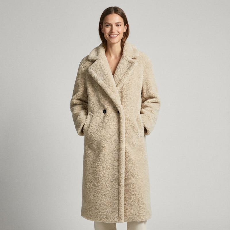 Manteau d'Hiver Femme Tara | Fourrure Teddy Oversize, Design Doublé-Croisé Confortable