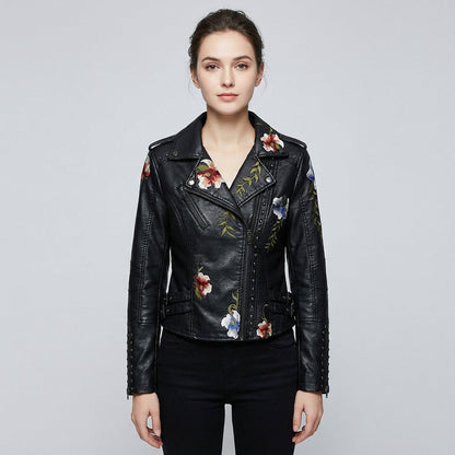 Juniper Women's Biker Jacket | Floral Embroidery, Silver Studded Trim