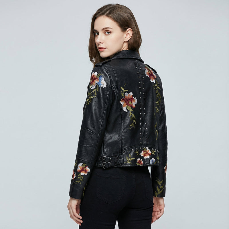 Juniper Women's Biker Jacket | Floral Embroidery, Silver Studded Trim