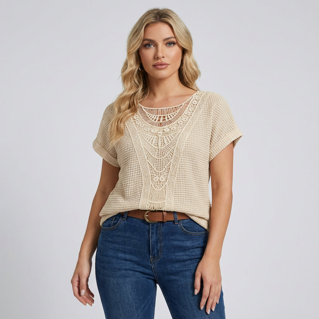 Top de Encaje para Mujer Ella | Panel Frontal de Encaje, Mangas Cortas