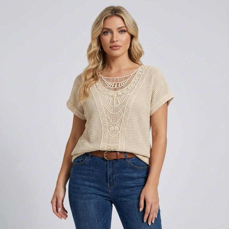 Top de Encaje para Mujer Ella | Panel Frontal de Encaje, Mangas Cortas