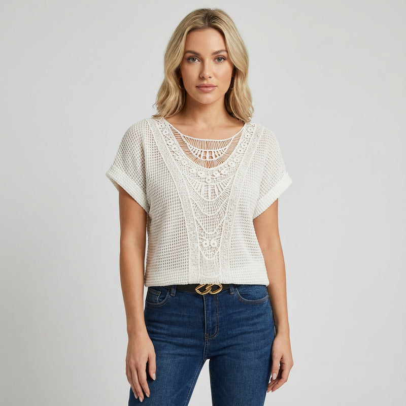 Top de Encaje para Mujer Ella | Panel Frontal de Encaje, Mangas Cortas