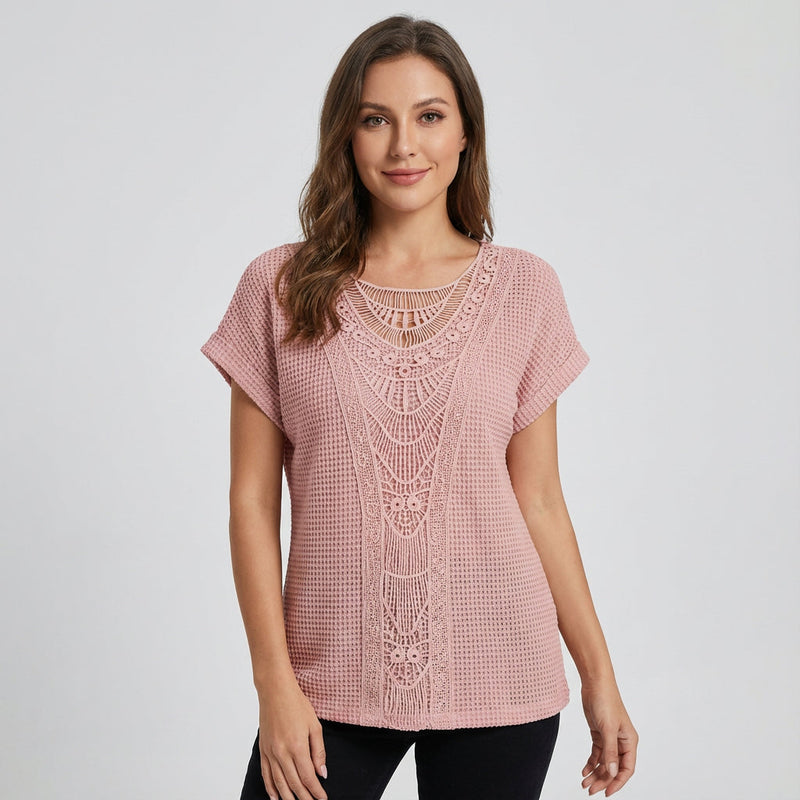 Top de Encaje para Mujer Ella | Panel Frontal de Encaje, Mangas Cortas