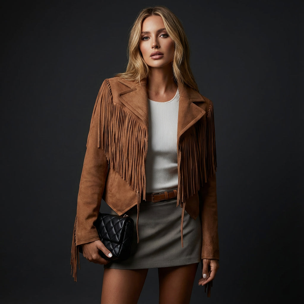 Veste pour femme Ariellea | Détail franges en suède, style bohème chic