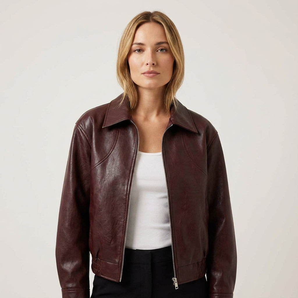 Chaqueta de Cuero Cortada para Mujeres Marina | Cierre con Cremallera Frontal, Cuello de Solapa