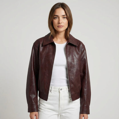 Chaqueta de Cuero Cortada para Mujeres Marina | Cierre con Cremallera Frontal, Cuello de Solapa