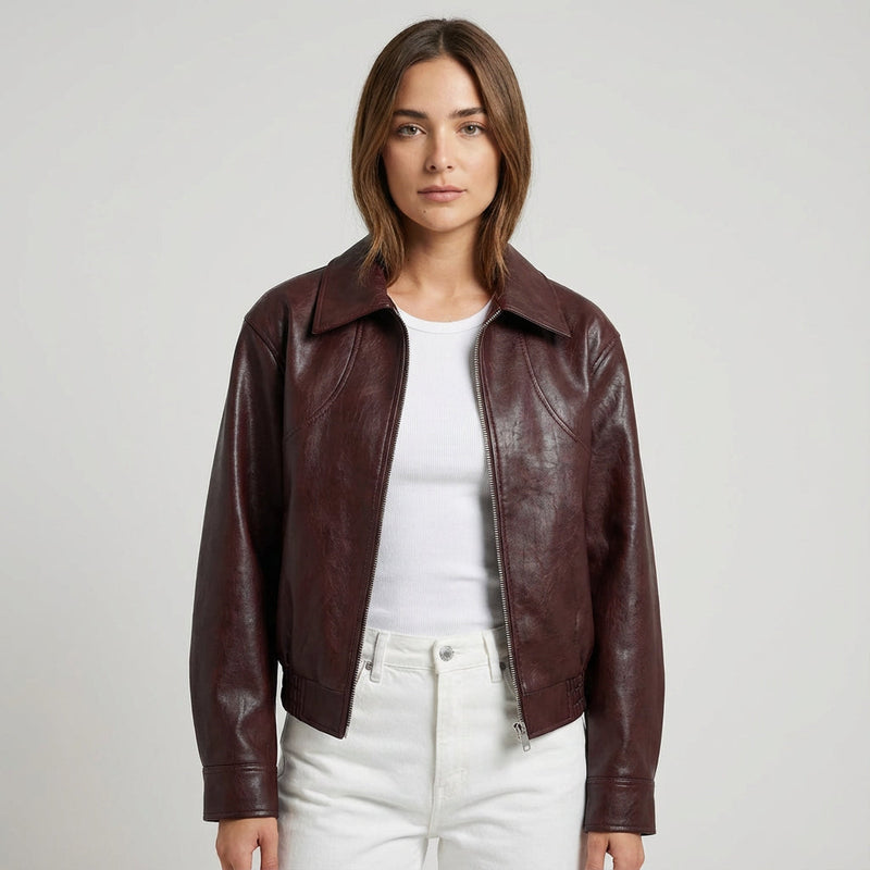 Chaqueta de Cuero Cortada para Mujeres Marina | Cierre con Cremallera Frontal, Cuello de Solapa