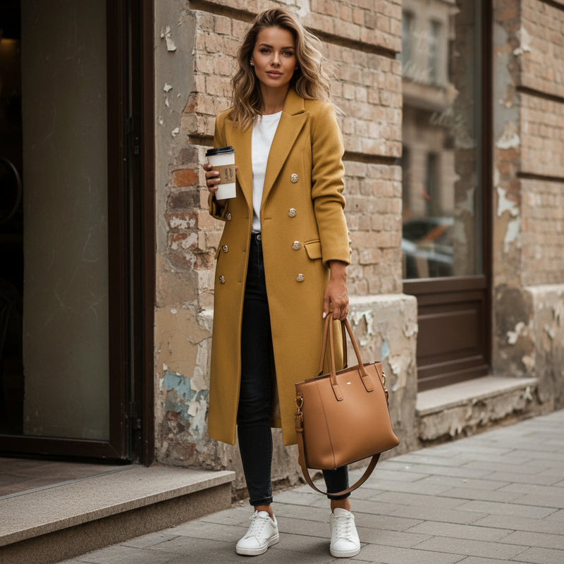Nora Women's Long Coat | Tailored Double-Breasted Design, Winter Essential