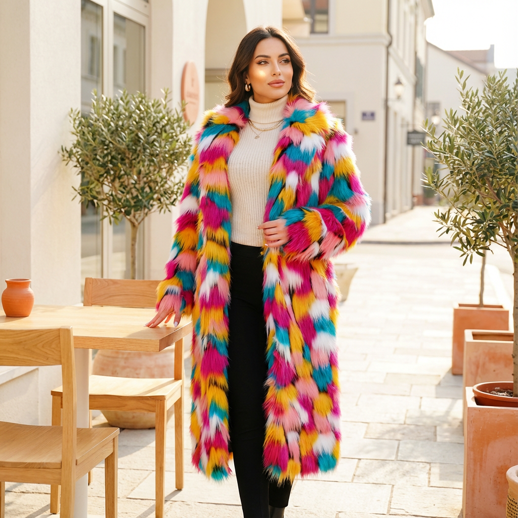 Abrigo de Piel Sintética para Mujer Evelyn | Diseño Arcoíris Vibrante, Abrigo de Invierno Elegante