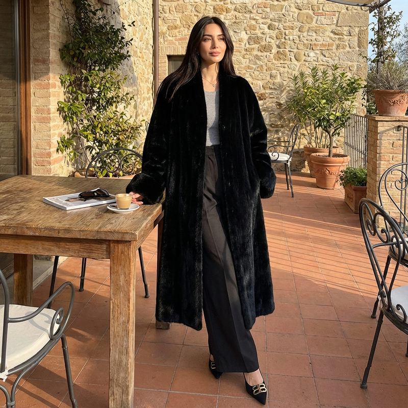 Manteau long en fausse fourrure pour femmes Lena | Col châle, larges poignets en fourrure